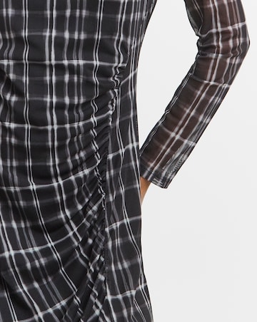 Mono Check Print Ruched Mesh Midi Dress