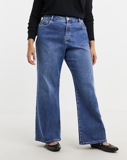 Mid Wash Cosy Feel Soft Stretch Wide Leg Jeans