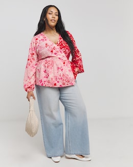 Mixed Print V Neck Long Sleeve Wrap Peplum Blouse