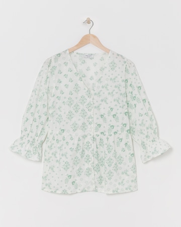Green Print Cotton Dobby Puff Sleeve Top