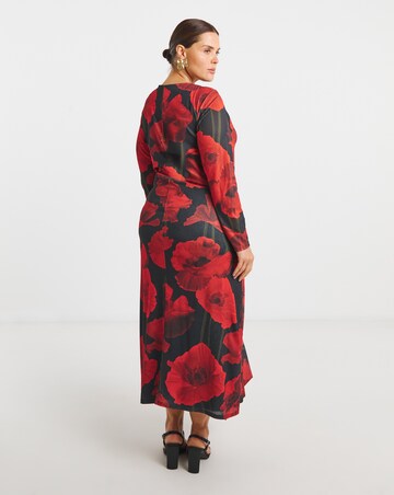 Red Floral Print Mesh Ruched Buckle Detail Midi Dress