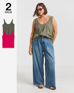 Simply Be Khaki &amp; Pink 2 Pack Pure Cotton Slouchy Vests