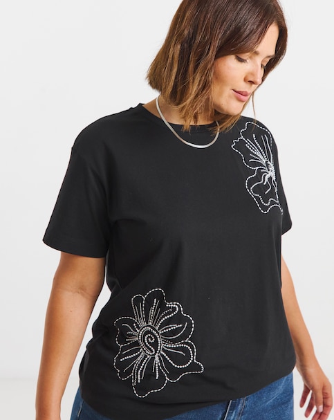 Black Embroidered and Beaded Floral T-Shirt