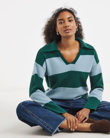 Simply Be Snug Green/Blue Stripe Rugby Collared Knitted Jumper