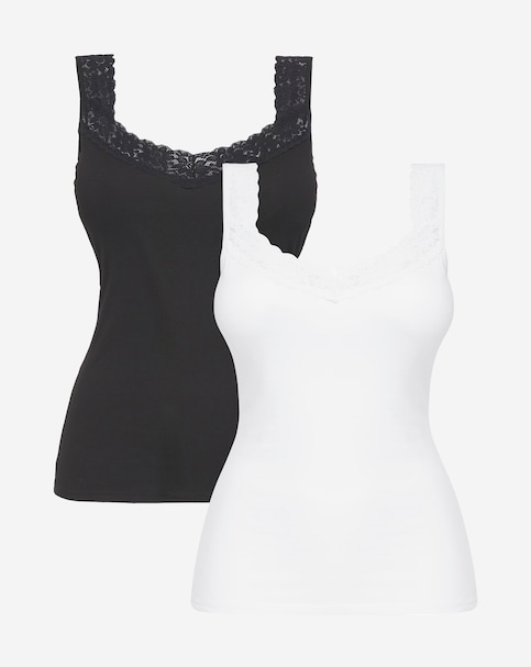 Pretty Secrets (2 Pack) Lace Trim Vests White/Black