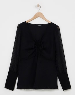 Ruched Front Dobby Blouse Black with Shirred Cuffs
