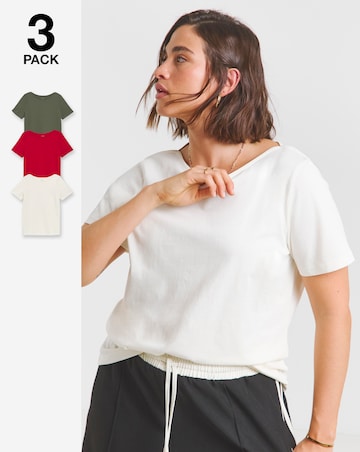 Simply Be Ecru, Khaki & Red 3 Pack of Short Sleeve Pure Cotton Slash Neck Tops