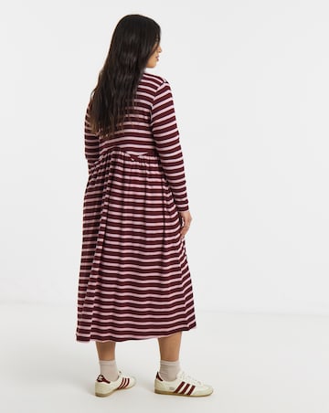 Burgundy And Pink Stripe Ribbed Midi Dress With Pockets