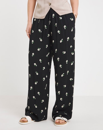 Black Daisy Print Crinkle Wide Leg Trousers