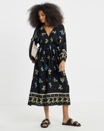 Simply Be Black Floral Printed Linen Blend Midi Dress