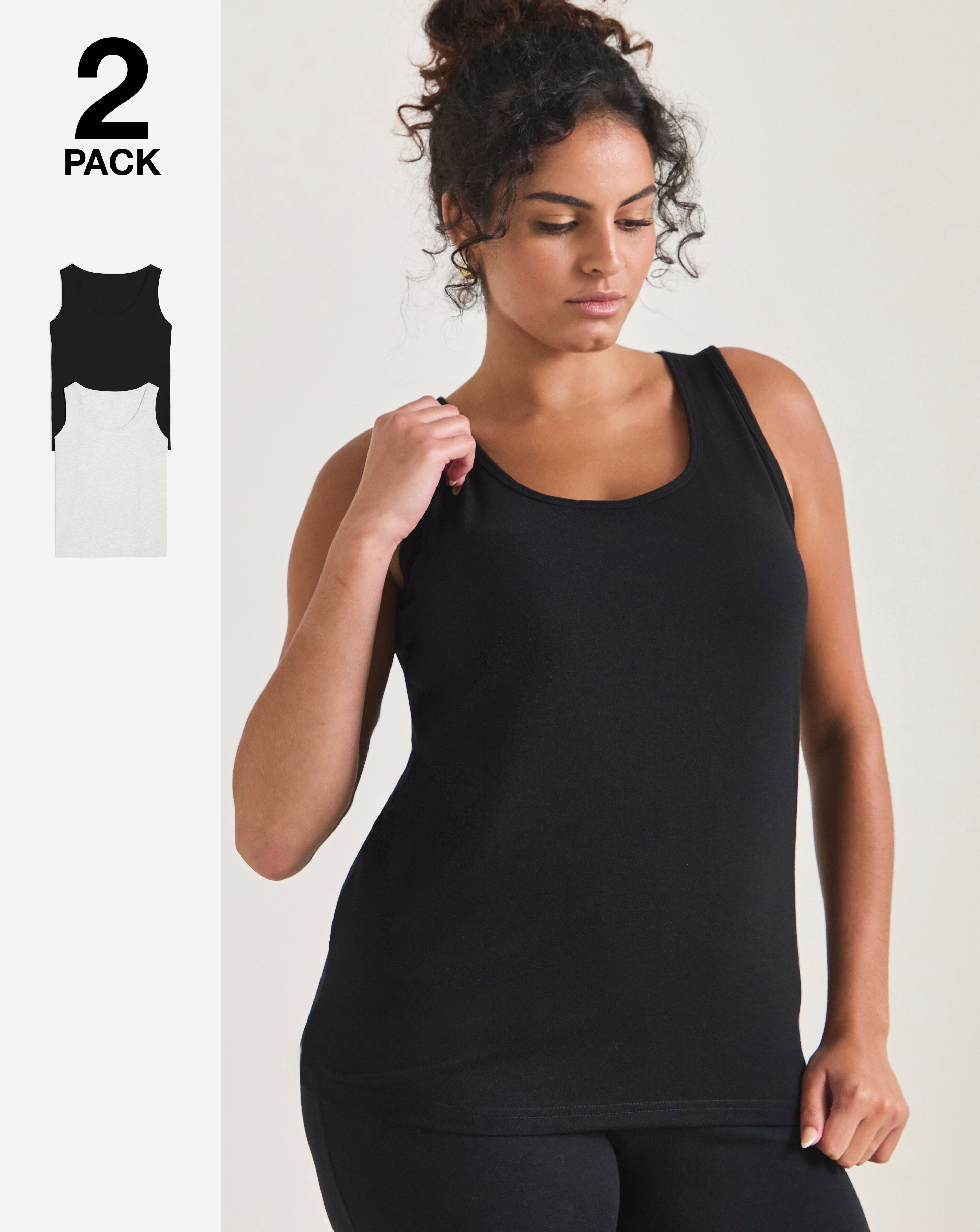 Pretty Secrets (2 Pack) Thermal Vest Tops Black/Oatmeal