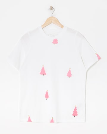 White Crew Neck Embroidered Christmas Tree T-shirt