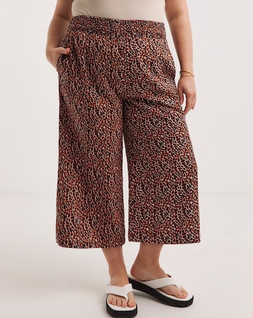 Animal Print Lightweight Woven Shirred Waist Culotte Trouser