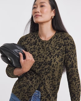 Eversoft Khaki Print Crew Neck Cardigan