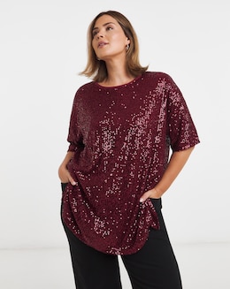 Burgundy Linear Sequin Oversized T-Shirt