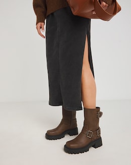 Stevie Multi Buckle Chunky Ankle Biker Boots - Extra Wide Fit (EEE)