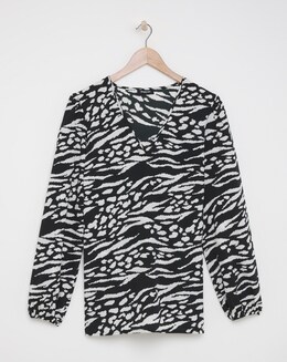 Mono Print Long Sleeve V Neck Boxy Blouse