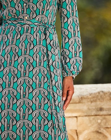 Sosandar Green Chain Print Jersey Ruffle Hem Midi Shirt Dress