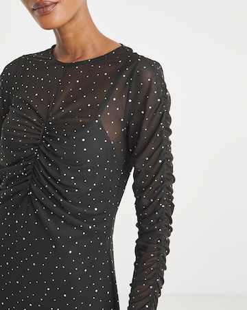 Sequin Mesh Ruched Midi Dress