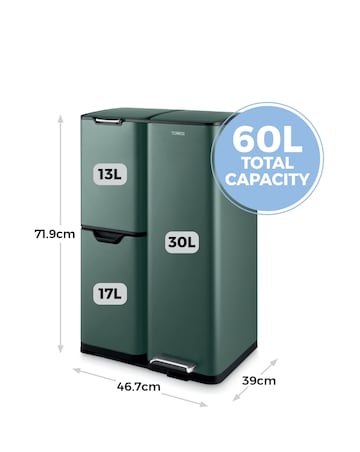 Tower 60L Recycling Bin with 3 Individual Compartments