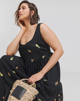 Black Embroidered Fruit Midi Sundress