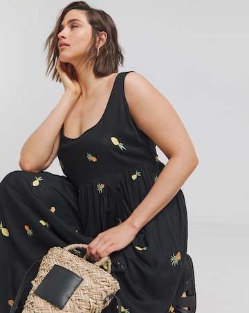 Black Embroidered Fruit Midi Sundress