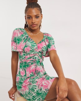 Tropical Floral Print Twist Front Skater Dress