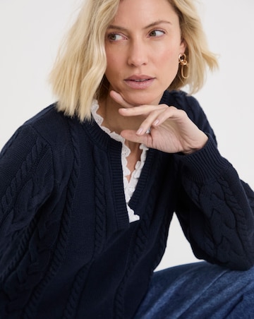 Navy V Neck Frill Knitted Jumper