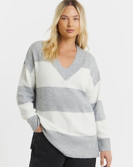 Cosy Yarn Grey &amp; Ivory Stripe V-Neck Tunic
