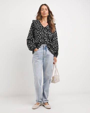 Womens Collar Detail Frill Button Through Blouse - Black Floral