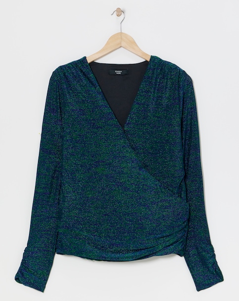 Joanna Hope Green/Blue Glitter Knit Wrap Top