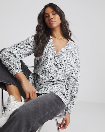 Spot Print Tie Front Relaxed Wrap Blouse