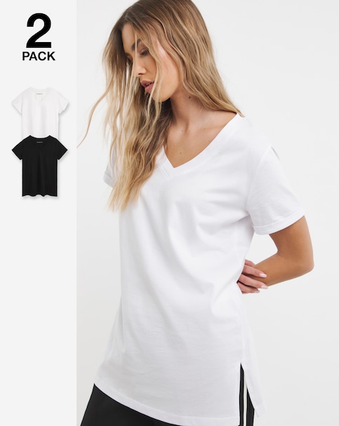 Black and White 2 Pack Pure Cotton V Neck Longline T-Shirts