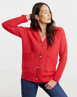 Cosy Yarn Red Button Rib Cardigan