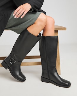 Dewey Leather Harness Detail Western Biker Boots - Wide Fit (E) &amp; Curvy Calf