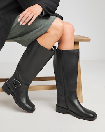 Dewey Leather Harness Detail Western Biker Boots - Wide Fit (E) & Curvy Calf