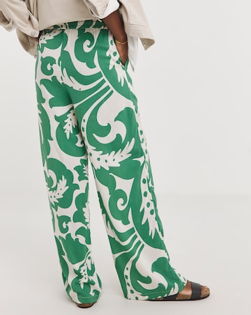 Green Print Spun Viscose Pull On Wide Leg Trousers
