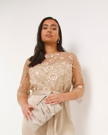 Joanna Hope Latte 3D Lace Scallop Sleeve Satin Midi Dress