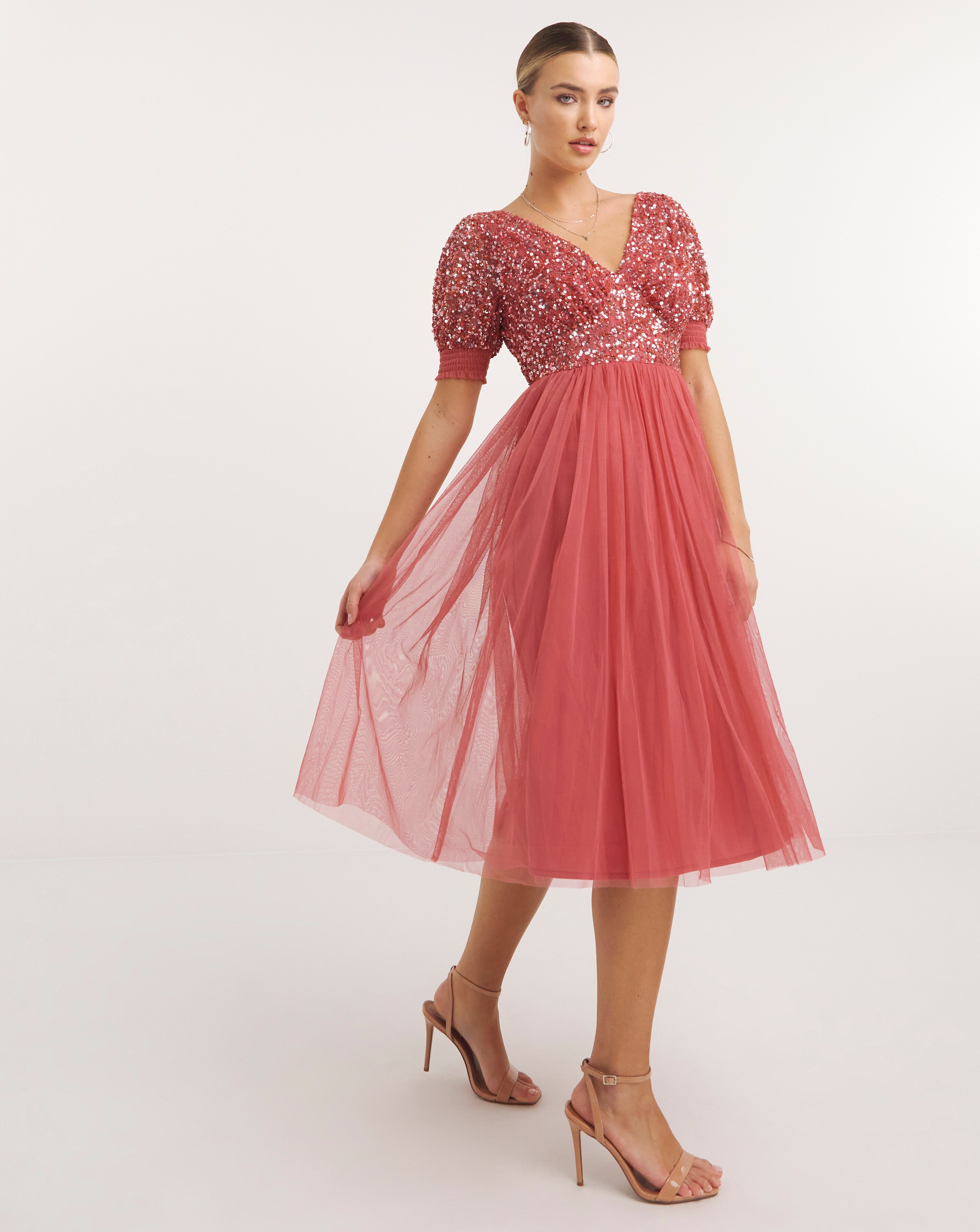 maya curve sequin wrap midi dress