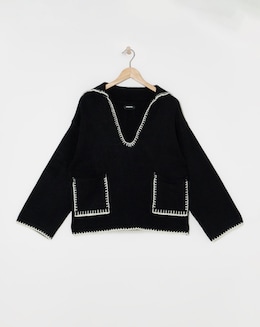 Black Blanket Stitch Pocket Collar Jumper