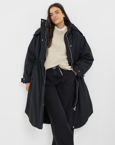 Black Fleece Lined Adjustable Waist Padded Parka
