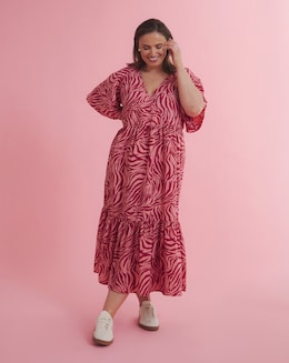 Simply Be Pink Zebra Print Wrap Front Tiered Midi Dress