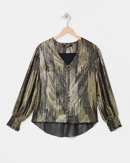 Metallic Button Through Dip Back Blouse