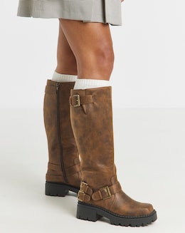 Stacey Chunky Biker Knee High Boots - Wide Fit (E) &amp; Curvy Calf