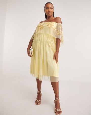 Maya Curve Bardot Floral Sequin Embroidered Tulle Midi Dress