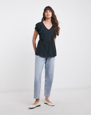 Anise Flora Dark Indigo V-Neck Embroidered Frill Top