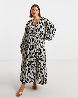 Leopard Printed Waist Detail Midi Dress