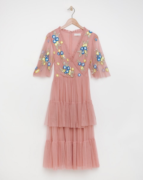 Maya Curve Wrap Front Floral Embroidered Tiered Tulle Midi Dress