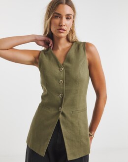 Simply Be Khaki Linen Blend Longline Co-ord Waistcoat