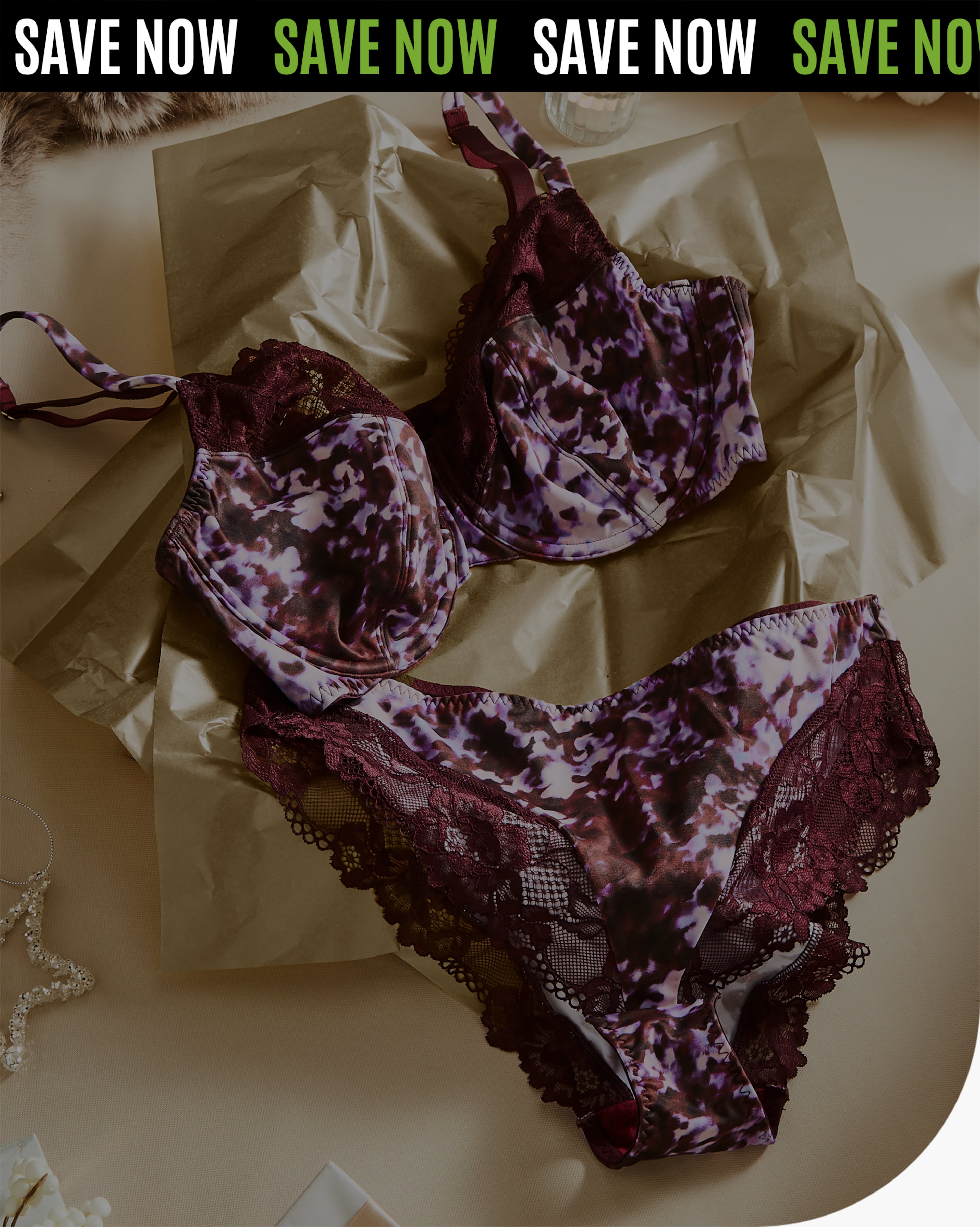 Purple and burgundy lace lingerie set with a bra and matching briefs